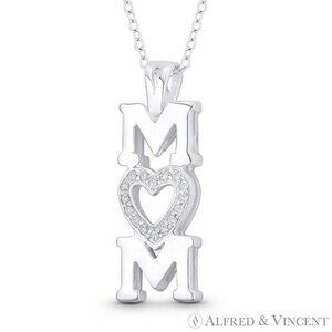 "Mom" Script & CZ Crystal Pave Heart Charm Pendant in .925 Sterling Silver